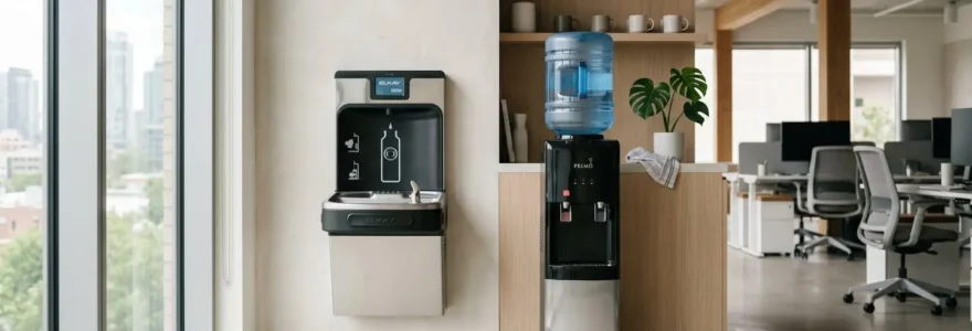 Deux fontaines à eau côte à côte dans un espace de bureau professionnel moderne, l'une raccordée au réseau, l'autre avec bonbonne