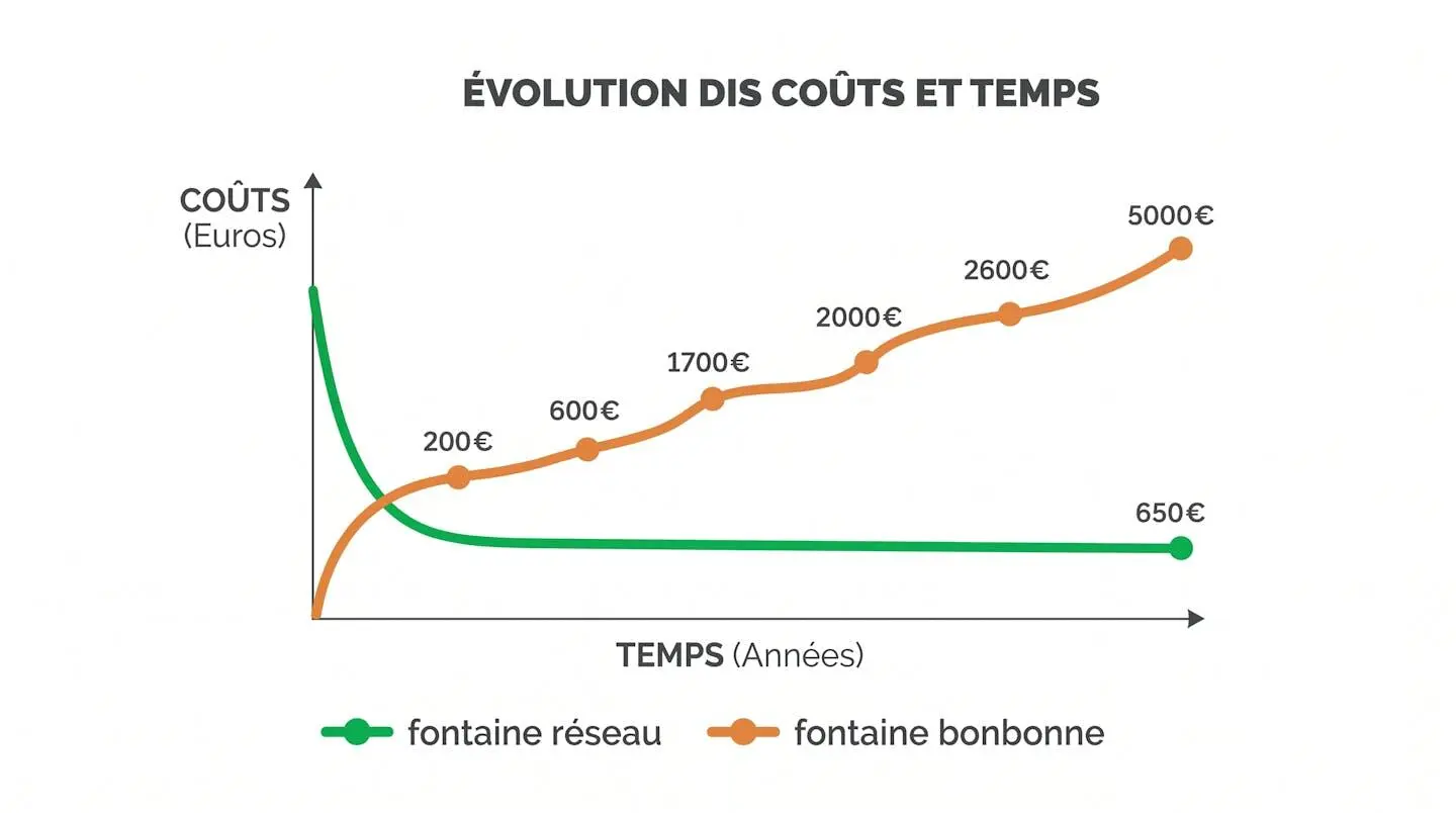 Graphique comparatif de l'évolution des coûts entre fontaine réseau et bonbonne